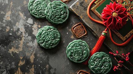 A creative layout featuring replica Shang Dynasty jade carvings, Chinese New Year, Flat lay, top view, with copy space - obrazy, fototapety, plakaty