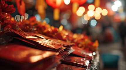 Naklejka premium An array of red envelopes (hongbao) filled with lucky money, Chinese New Year, blurred background, with copy space