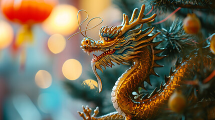 A vibrant silk dragon coiled in celebration, Chinese New Year, blurred background, with copy space