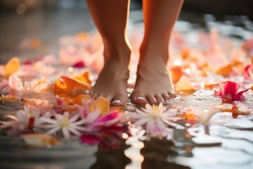 Close-up shot of feet in water, complemented by the gentle touch of flower petals