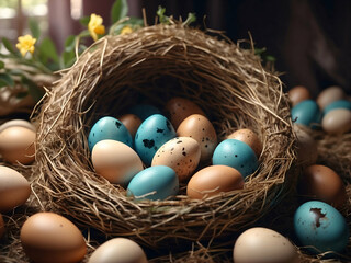 Fototapeta premium Multicolored Easter eggs in a basket, in a nest, purple blue and beige, background for congratulations