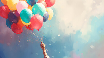 hand catch many baloons flying sky scream on the colored background.hand holding multicolor balloons