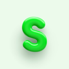 3D Green letter S with a glossy surface on a light background .