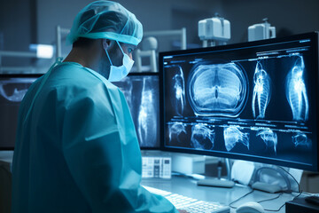 Orthopedic surgeon doctor examining patient joint x-ray bone scan in radiology orthopedic hospital Generative Ai - obrazy, fototapety, plakaty