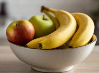 Bowl of fruits, apples and bananas, isolated on kitchen table, closeup photography.