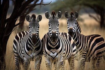 Pictured here three zebras Serengeti National Park Tanzania's Grumeti Game Reserve