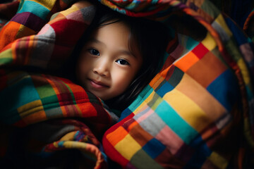 AI generated portrait of cute sweet child wrapped in warm colorful blanket at home