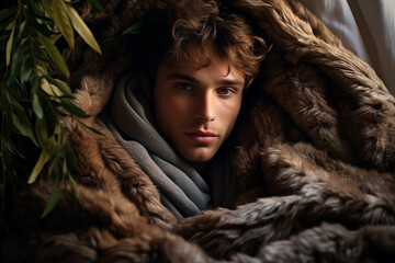 Generative AI photo handsome confident guy wrapped in warm blanket