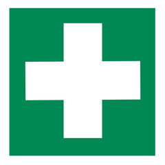 First aid symbol.White cross on green background.Vehicle F.A. box icon