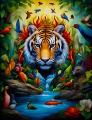  a stunning painting of a tiger in a pond surrounded by many small fish.