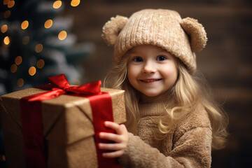Fototapeta na wymiar Generative AI child girl Christmas atmosphere holding big giftbox happy new year