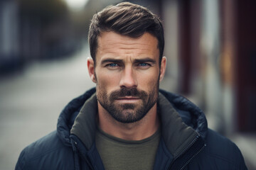Fototapeta premium Brutal stylish adult male model on city street on autumn day lifestyle generative ai