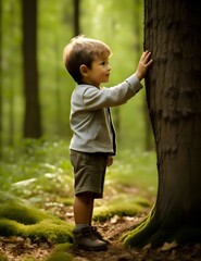 child in the forest,a child touching a tree 