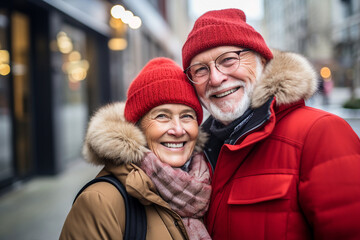 Obraz premium Generative AI portrait of retired couple in winter scene Christmas time hugging spend time