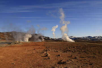 Hverarönd is a hydrothermal site in Iceland with hot springs, fumaroles, mud ponds and very active solfatares. It is located in the north of Iceland