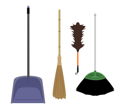 dustpan, scoops, sweeps, broom, broom stick, feather duster, cleaning tools household illustration vector  design