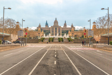 View of Montjuic fountain and National Museum in Barcelona. Spain. - obrazy, fototapety, plakaty
