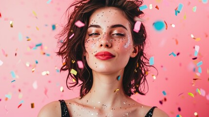 Young woman with party theme on pink background for celebration.