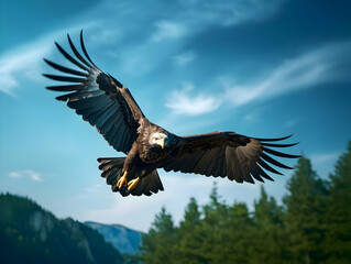 Fototapeta premium A horizontal banner with an eagle flying in the sky. High quality