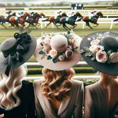 Three blond ladies in big hats with flowers stands in fan zone on sport field and watching on horse raising. Concept of sport betting, hobbies, animals, style.