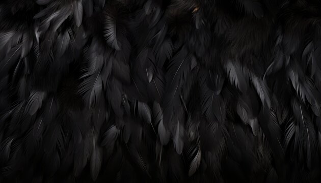 Detailed black feathers texture creating captivating digital art background with large bird feathers