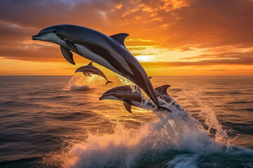Verspielte Delfine springen fröhlich in den Wellen im Sonnenuntergang, Generative AI