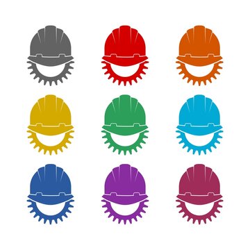  Safety Helmet Construction with Gear  icon isolated on white background. Set icons colorful