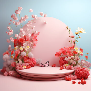 White and red floral podium with butterfly background