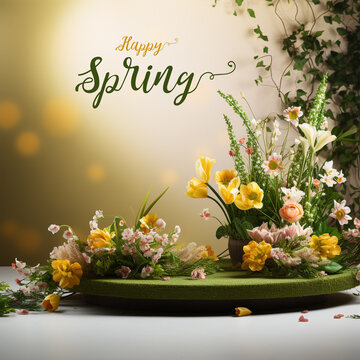 Happy spring natural green podium background