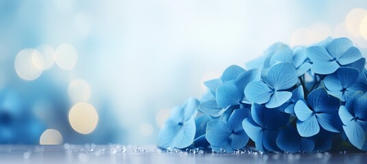 Blue hydrangea on isolated magical bokeh background with copy space for text placement