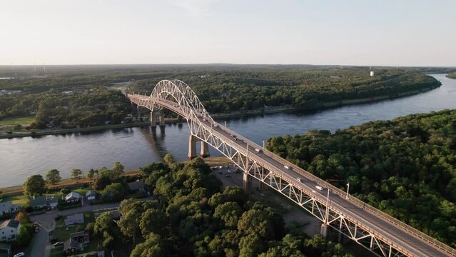 Aerial view of Bourne Bridge at sunset on Cape Cod Massachusetts