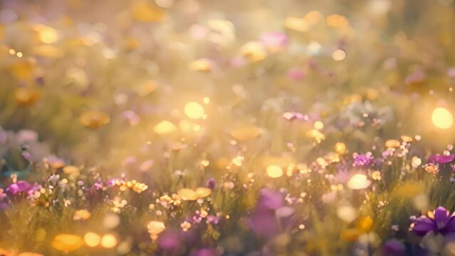 Morning summer spring wildflower field. A beautiful, sun-drenched spring summer meadow. Natural colorful panoramic landscape with many wild flowers of daisies against blue sky. A frame with soft selec