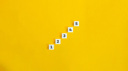 Step Method from One to Five on Block Letter Tiles on Yellow Background. Minimalist Aesthetics. - obrazy, fototapety, plakaty