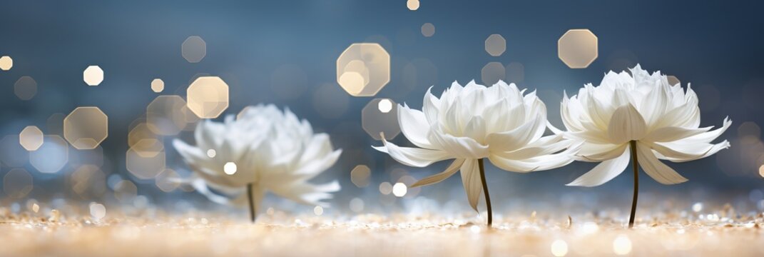 White carnation on magical bokeh background with two thirds copy space for text placement