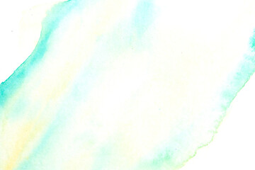 Abstract liquid art background. Green yellow watercolor translucent blots on white paper.