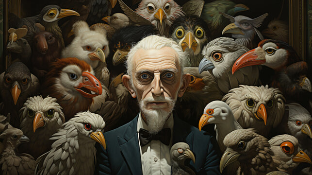 Old man with white hair and beard sitting between Monkeys and Birds