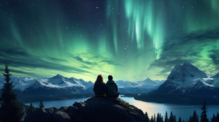 Couple sitting and watching the beautiful northern lights. Ai generate.