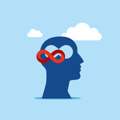 Hole in a head in the shape of never ending infinity loop. Business as usual no motivation or infinity loop routine job concept. Flat vector illustration