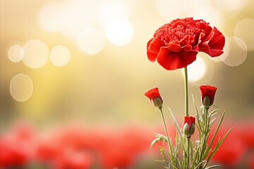 Red carnation on isolated magical bokeh background with copy space for text placement - obrazy, fototapety, plakaty