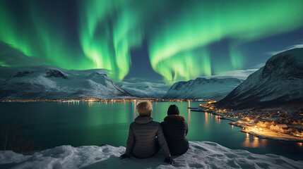 Couple sitting and watching the beautiful northern lights. Ai generate. - obrazy, fototapety, plakaty