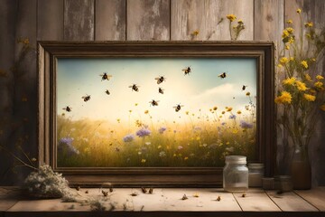A peaceful meadow filled with wildflowers and buzzing bees, framed by an empty mockup, capturing the essence of a serene countryside escape.