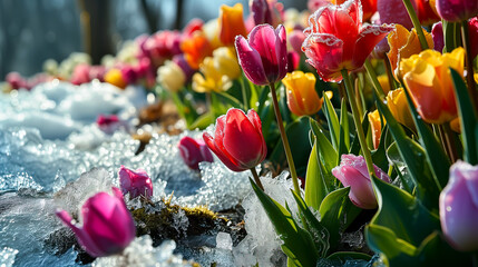 Tulips emerging from snow, signaling the start of spring.
 - obrazy, fototapety, plakaty