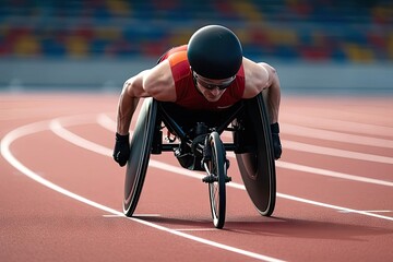 male athlete wheelchair racing red track stadium para athletics competition, summer sports games - obrazy, fototapety, plakaty