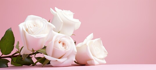 Elegant white rose blossom on pink isolated background with generous copy space for text placement