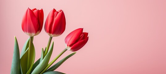 Vibrant red tulips on right side with pink isolated background and ample copy space for text