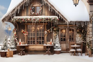 Fototapeta na wymiar The exterior of a snow cafe adorned with festive winter decorations on christmas