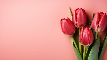 Vibrant red tulips on pink background with two thirds copy space for text customization