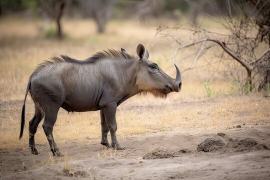 Full length warthog standing field Selous Game Reserve