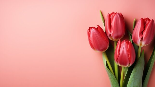 Vibrant red tulips on pink background with two thirds copy space for text customization