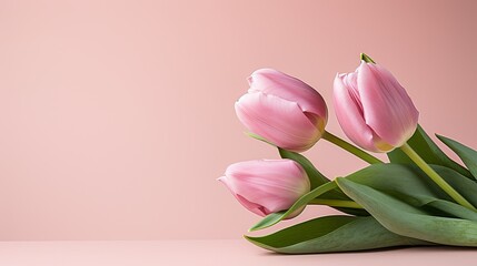 Elegant red tulips on right side with pink isolated background and two thirds copy space for text
